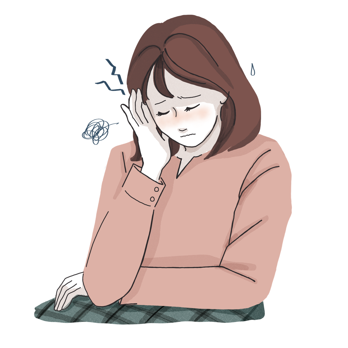 頭痛に悩むキャリアウーマン風の女性がこめかみを押さえているイラスト