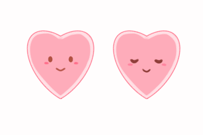 笑顔と目を閉じた穏やかな表情の2つのピンク色のハートキャラクター