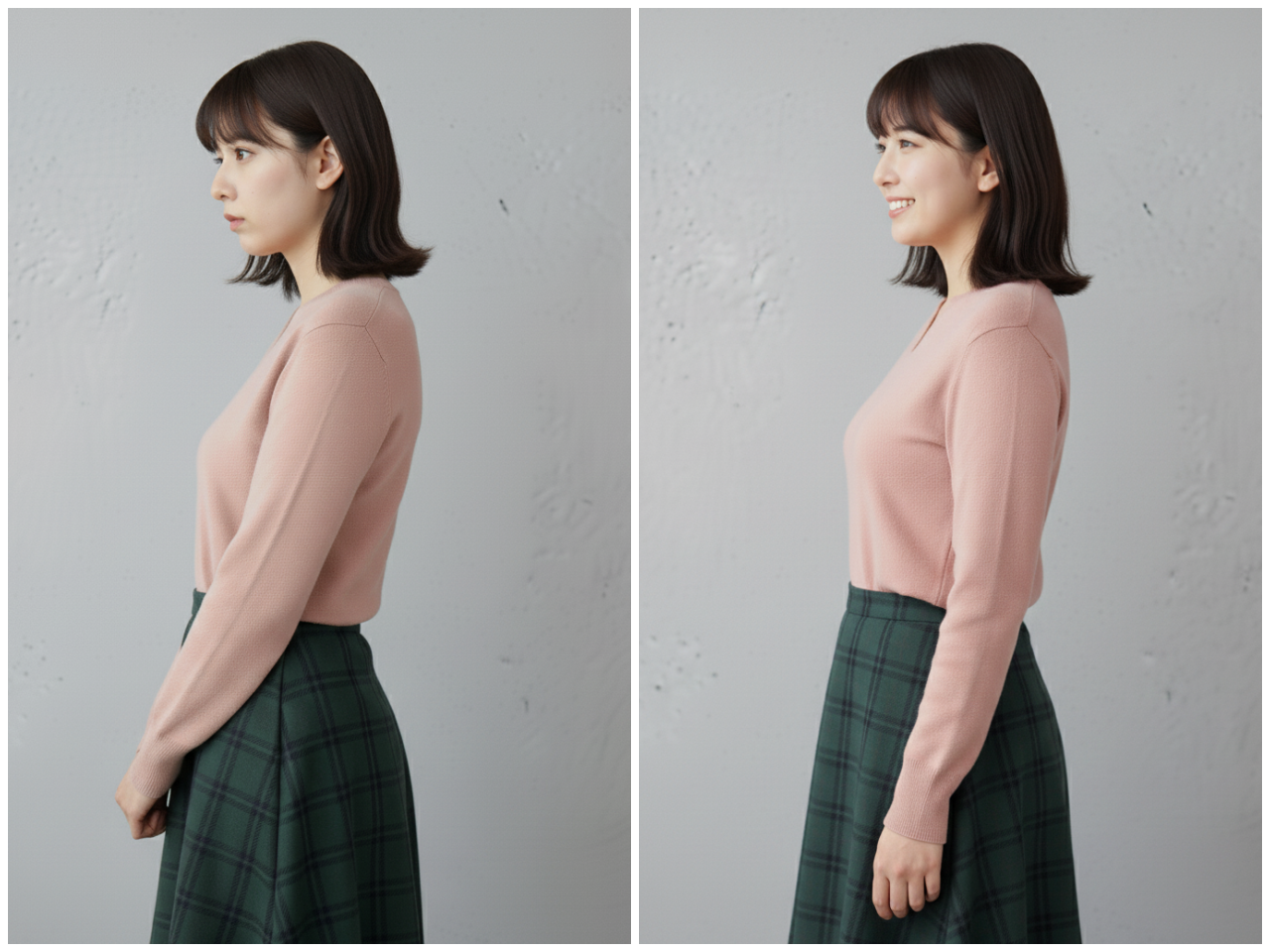 巻き肩で前かがみだった女性が、足もみ後に胸を開いて美しい姿勢に改善している写真