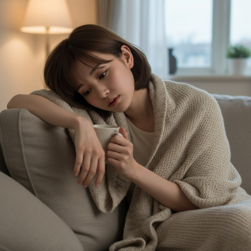 寒暖差疲労による頭痛・肩こり・腰痛・不眠・むくみなどの症状が出てつらそうな女性