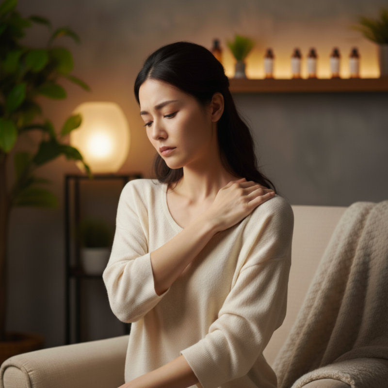 肩こりに悩む女性が首や肩を押さえている様子