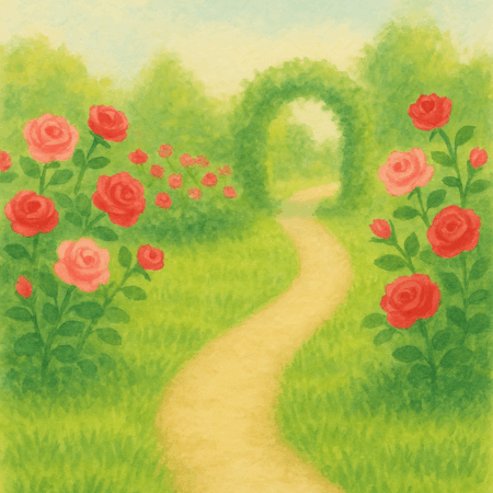 芝生と咲き誇るバラに囲まれた小道のイメージイラスト|西宮・苦楽園リラクゼーションサロンかくれ家