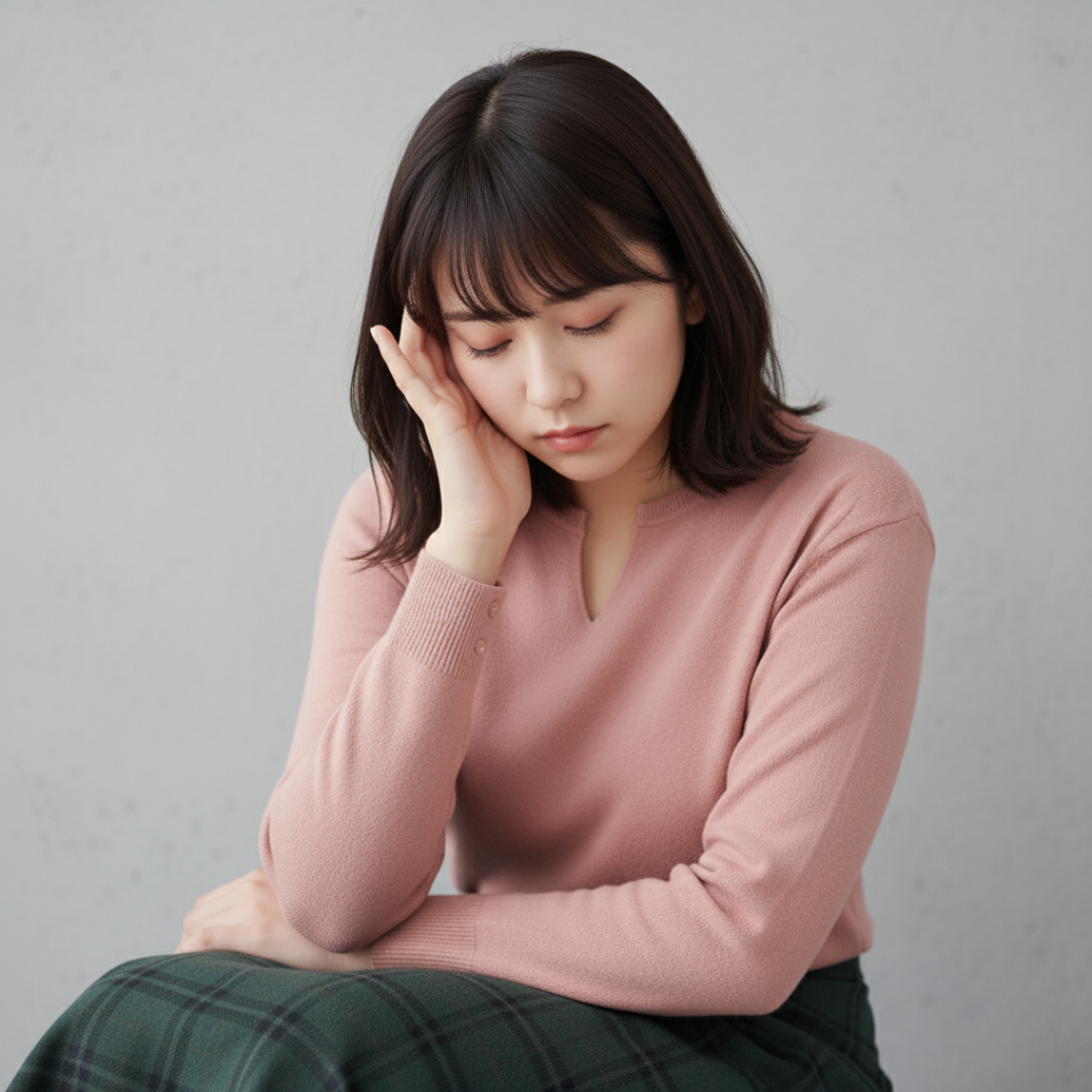頭痛に悩むキャリアウーマン風の女性がこめかみを押さえているイラスト