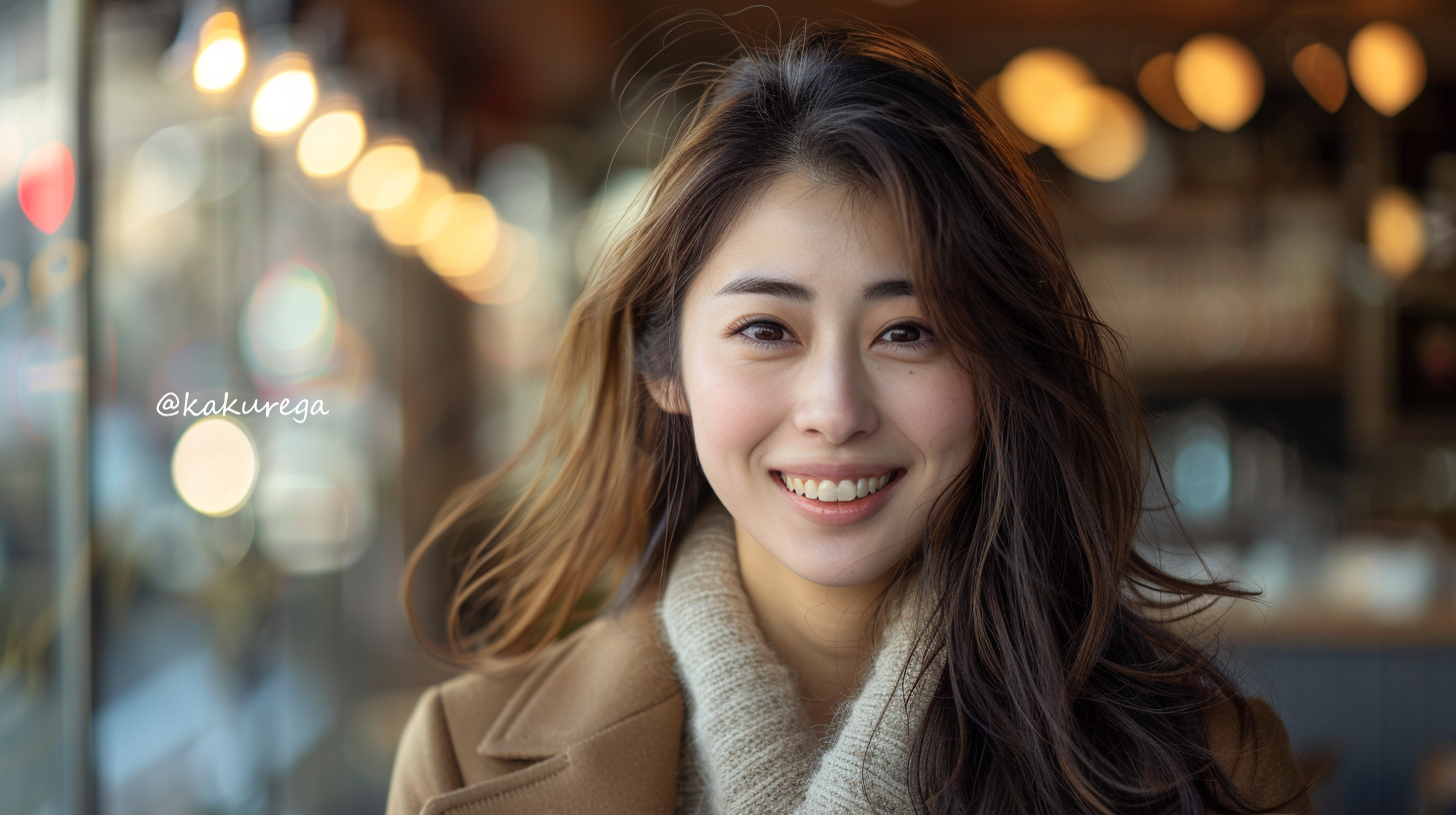 30代女性の自然な笑顔。落ち着いた雰囲気で前向きな表情