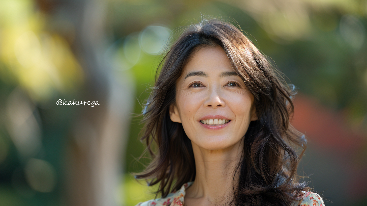 40代女性の穏やかな笑顔。屋外で優しい雰囲気を漂わせる