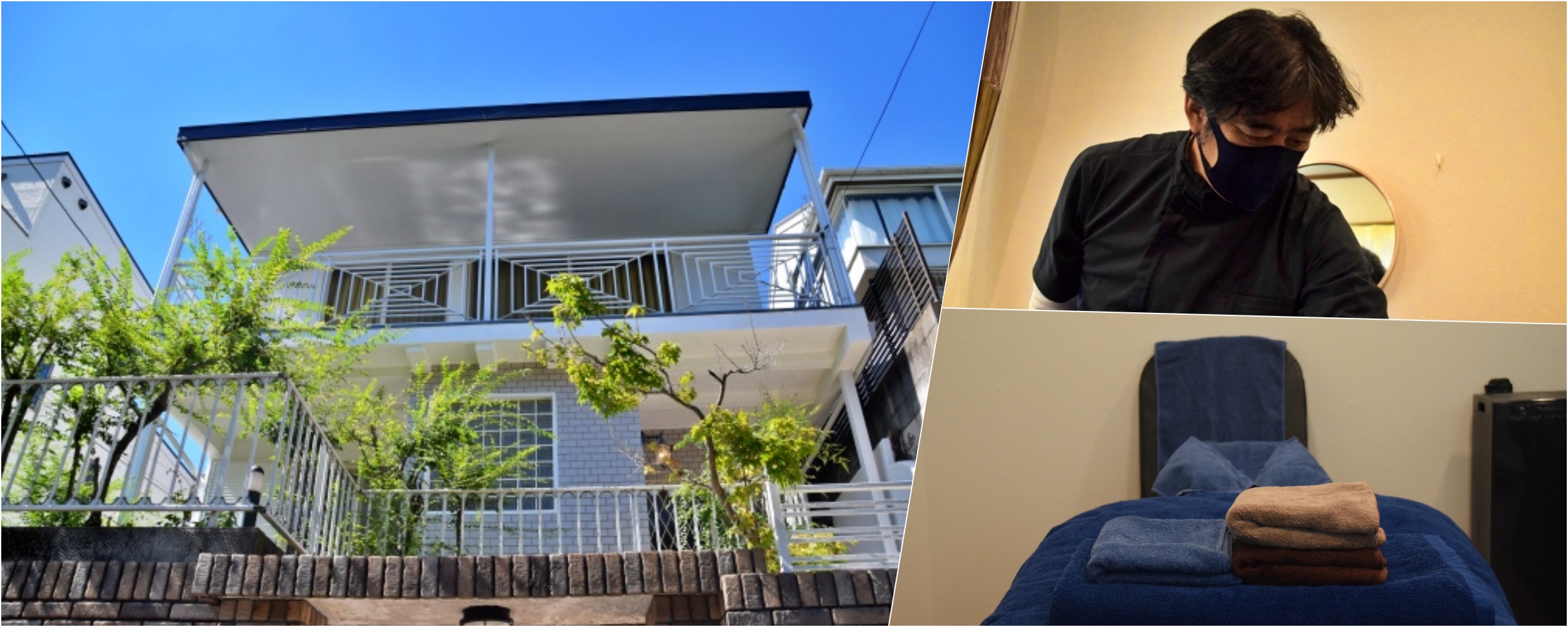 リラクゼーションサロンかくれ家の外観と施術風景、こだわりの今治タオルを使った癒しのイメージ写真