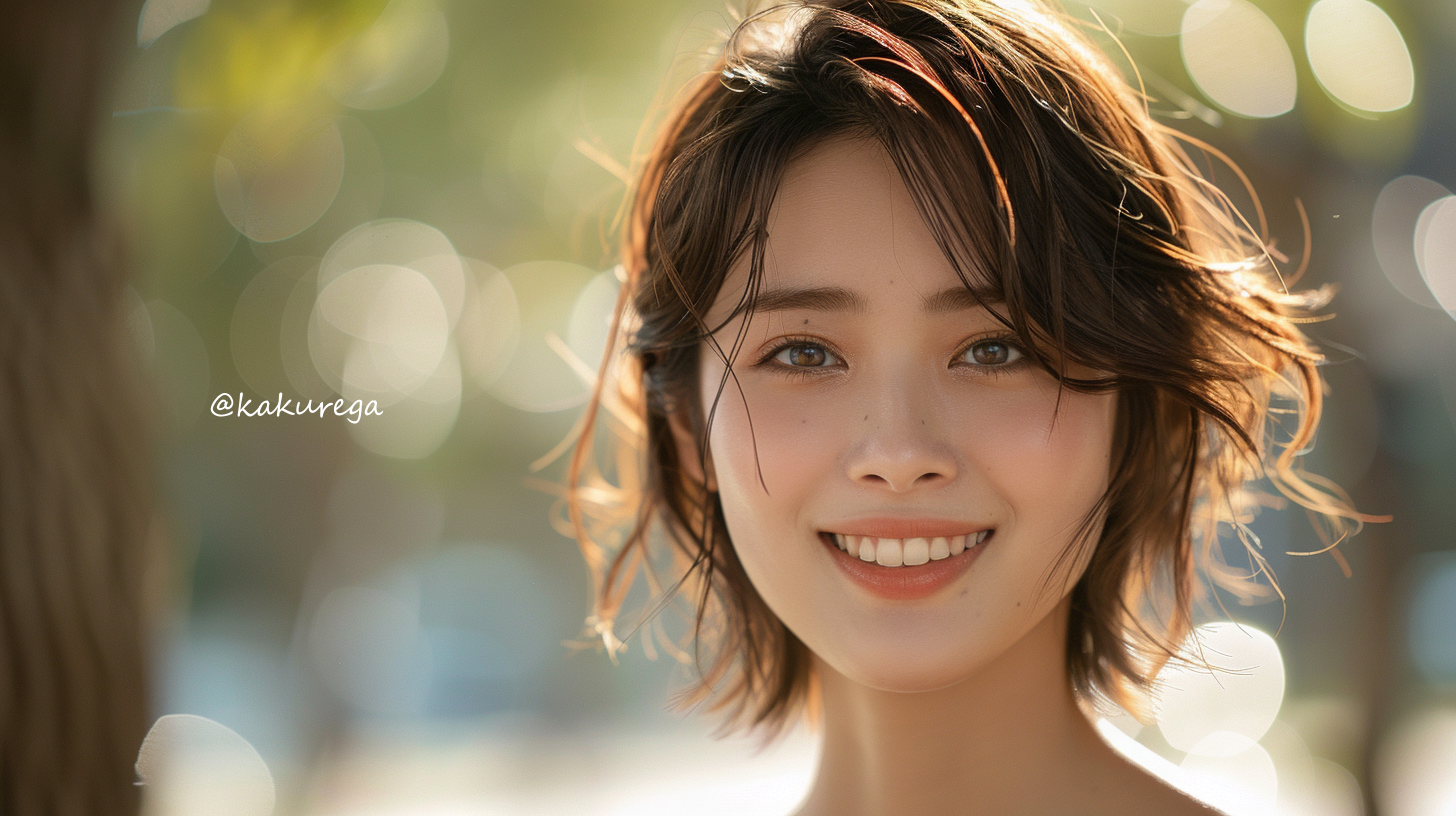 ショートカットの若い女性の笑顔。光の中で爽やかに微笑む