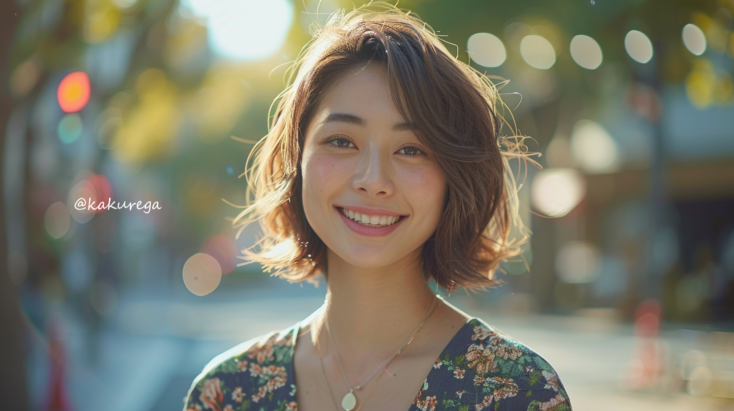 30代女性のボブスタイル。街角で輝く笑顔