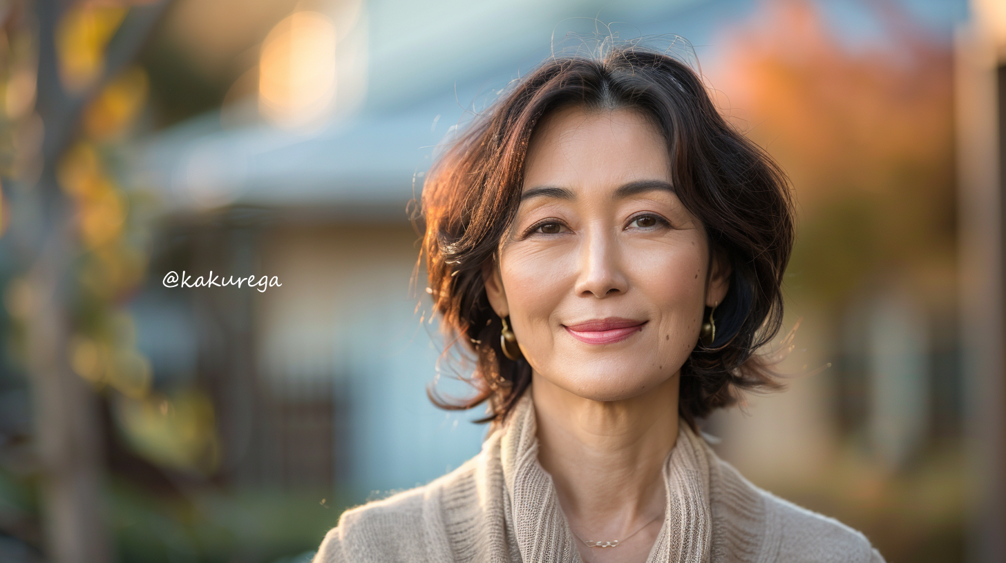 40代女性の落ち着いたボブスタイル。柔らかな笑顔で佇む