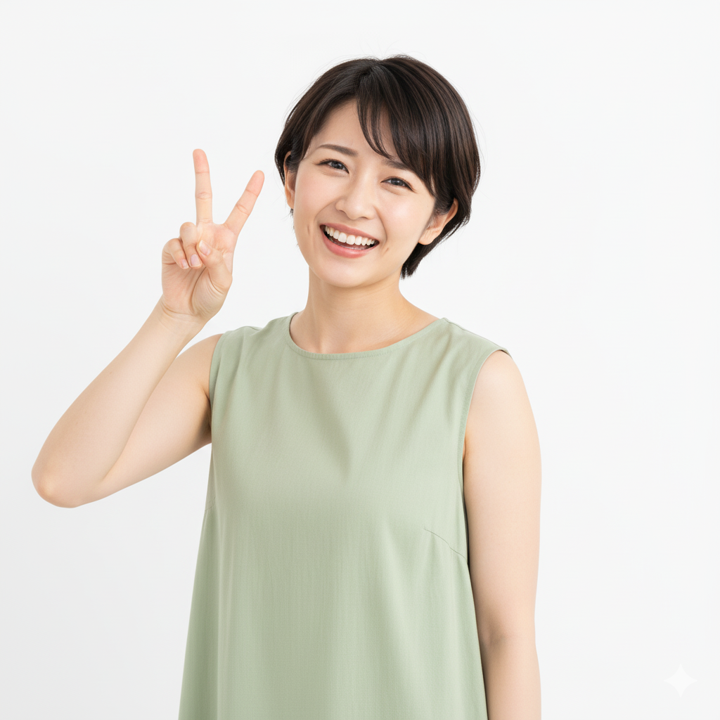 肩こり改善でピースサイン