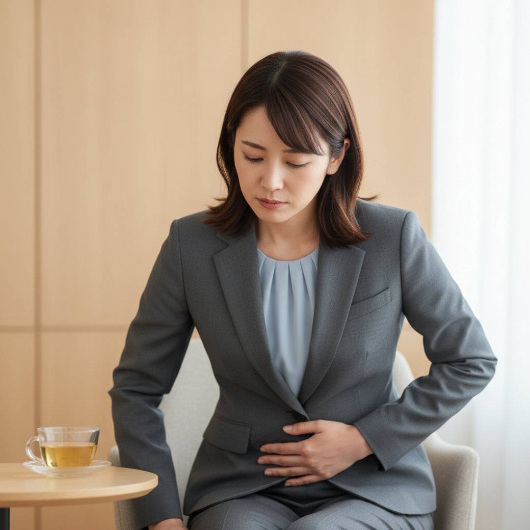 胃の調子が悪くとてもつらそうな女性