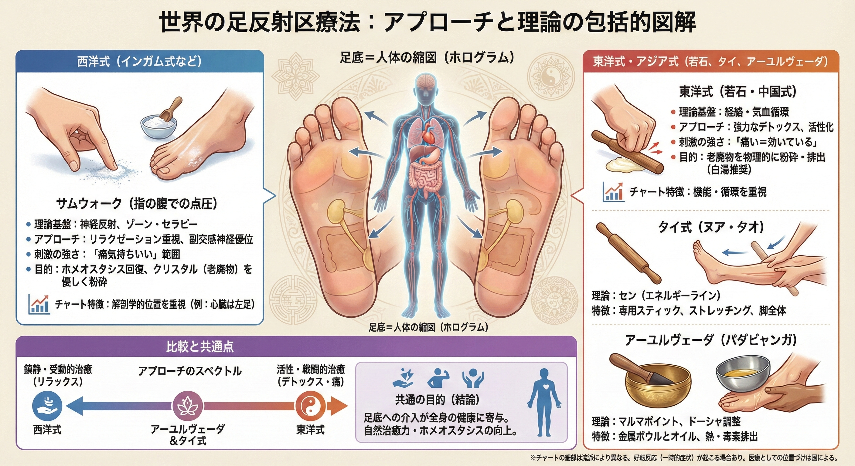 世界の足反射区療法、リフレクソロジー、および足揉み療法の包括的比較