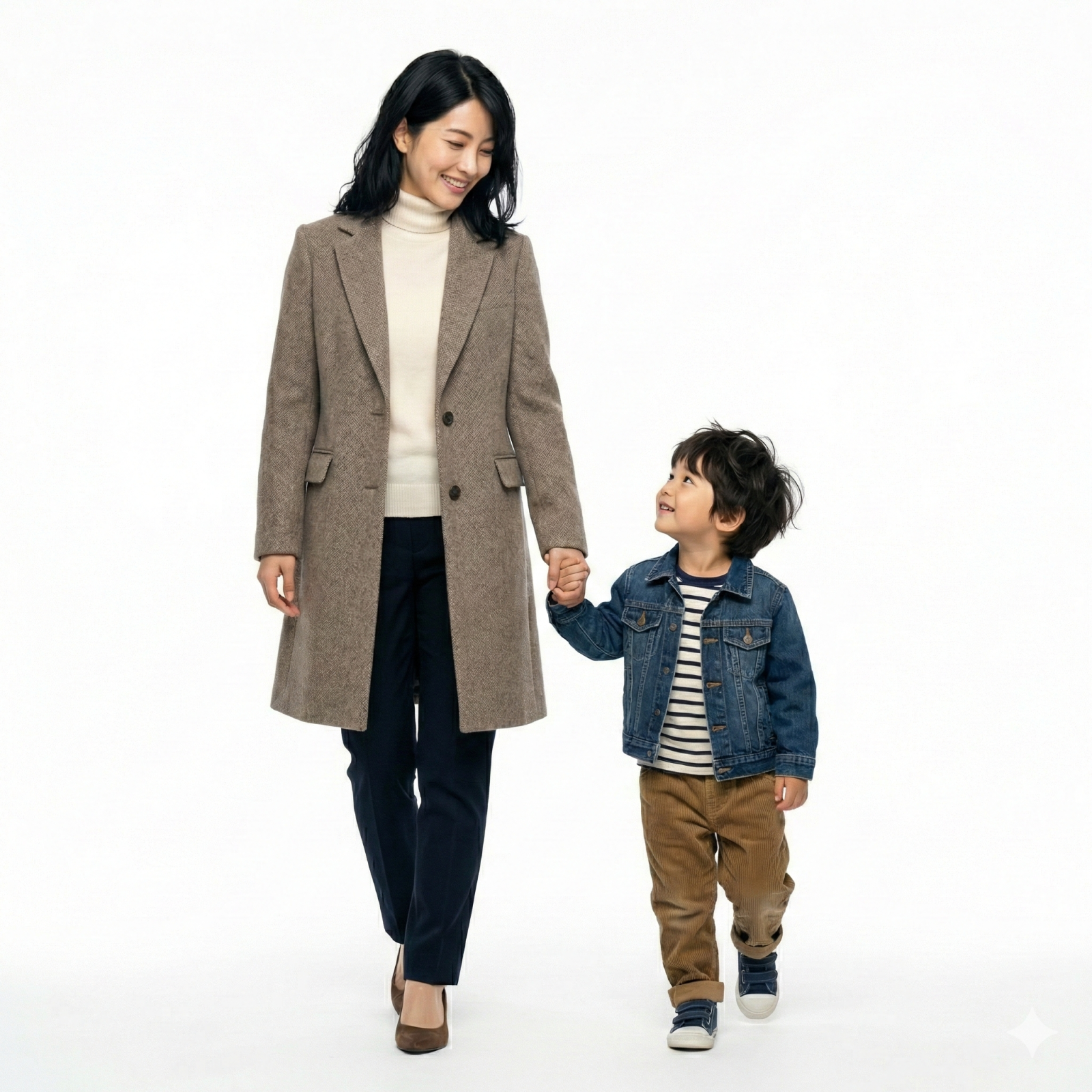 息子さんの手を引いて