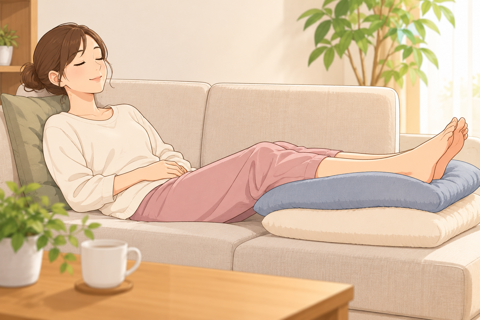 ソファで脚をクッションにのせて休む女性