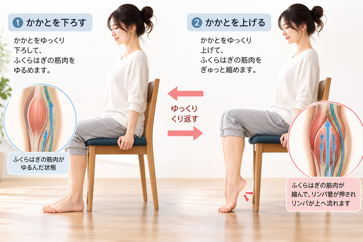 椅子に座って、かかとを上げ下げする女性