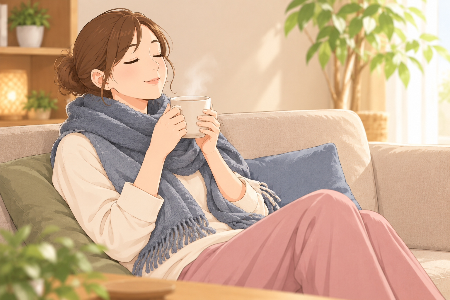 ストールを巻き、温かい飲みものを手にする女性