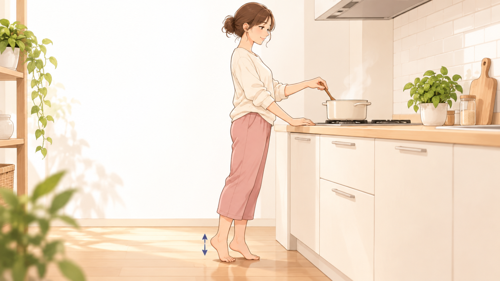 キッチンで、かかとを上げ下げしている女性