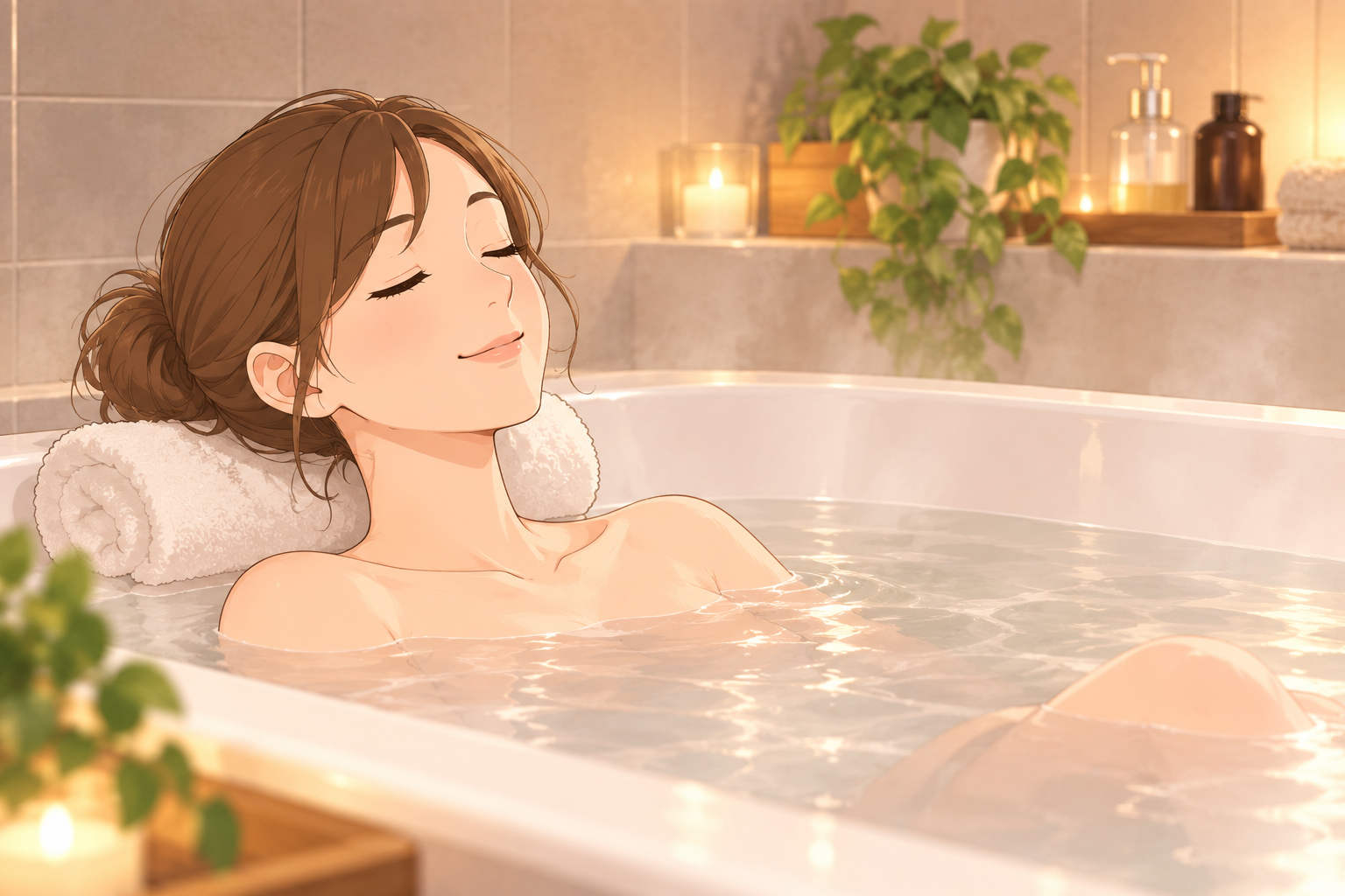 湯船に肩までつかって、ほっとしている女性