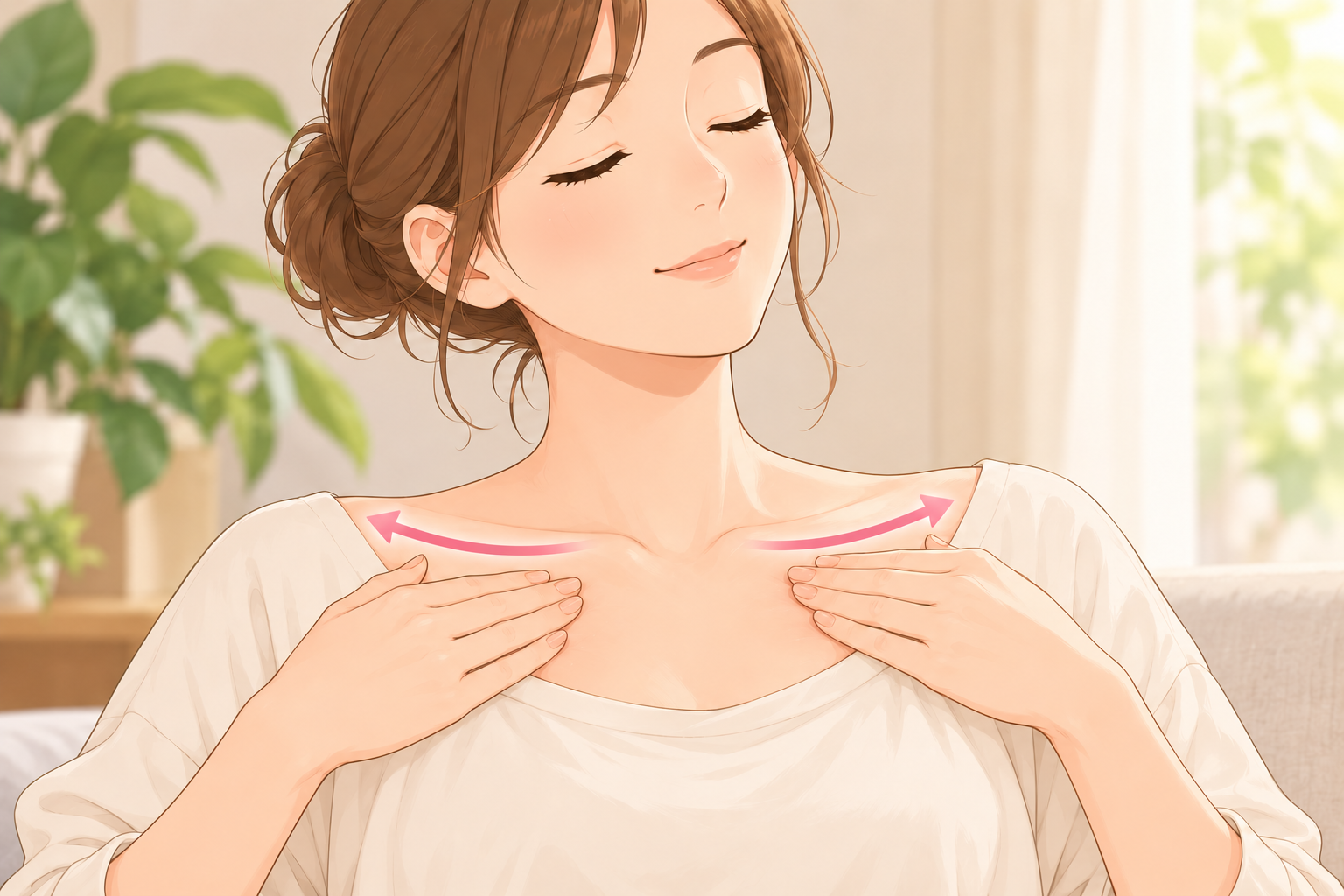 鎖骨の下を、指先でやさしくさする手元のイラスト